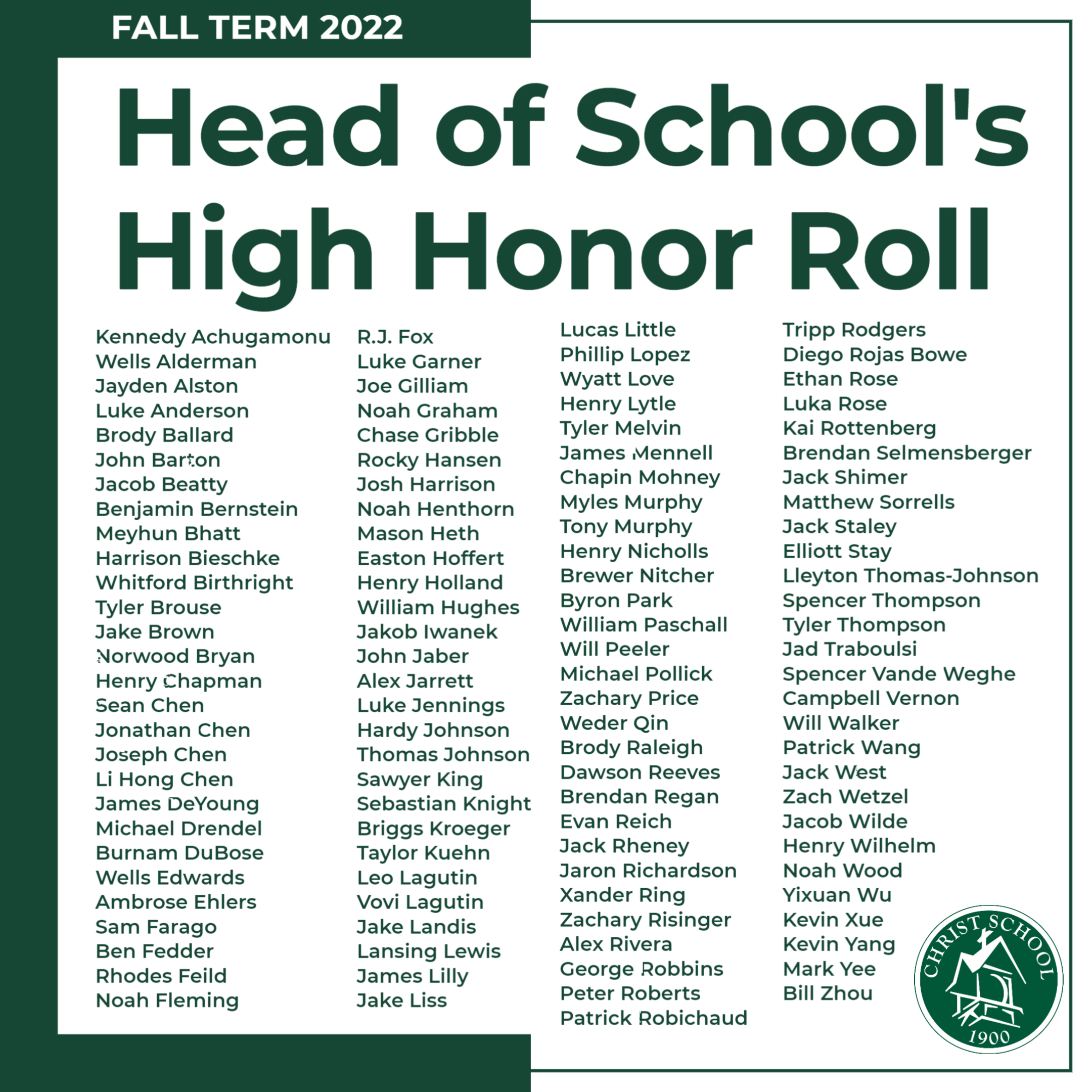 113 Greenies Make Head Of School s High Honor Roll Christ School 113 Greenies Make Head Of School s High Honor Roll Christ School